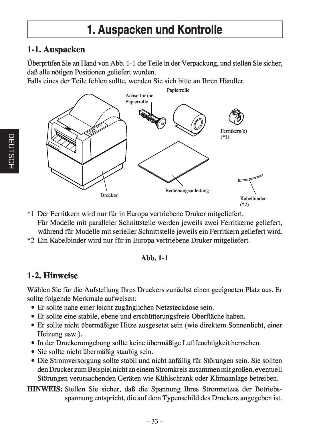 Star Micronics TSP400Z Series user manual Auspacken und Kontrolle, Hinweise, Deutsch 
