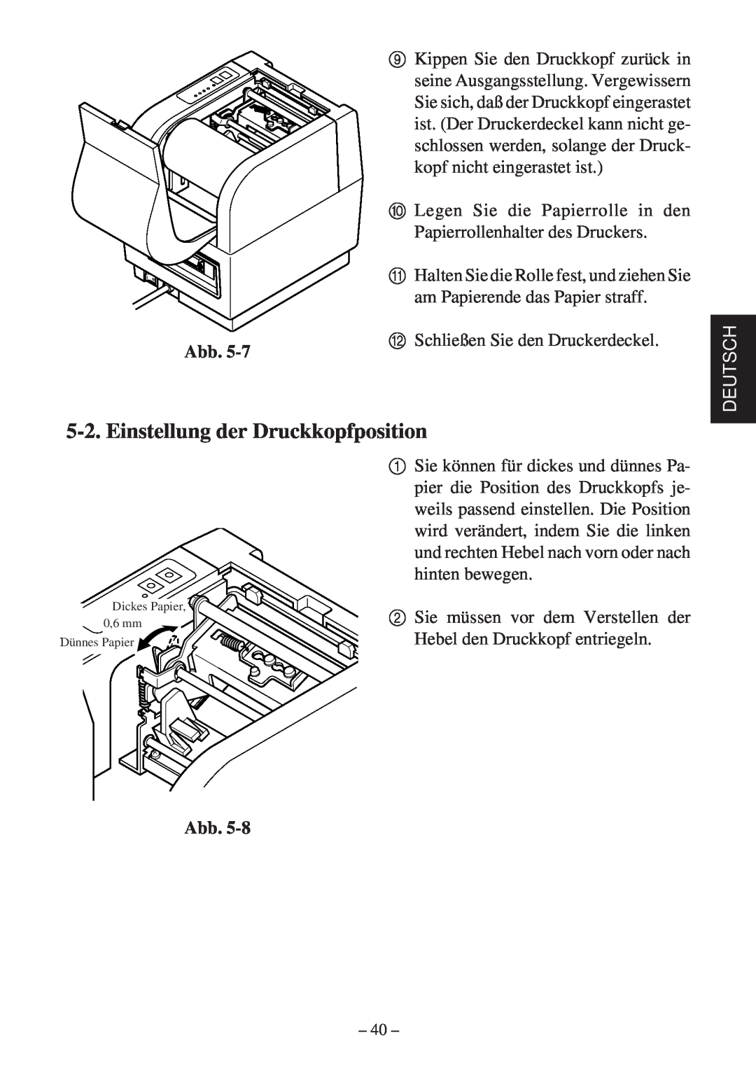 Star Micronics TSP400Z Series user manual Einstellung der Druckkopfposition, Deutsch 