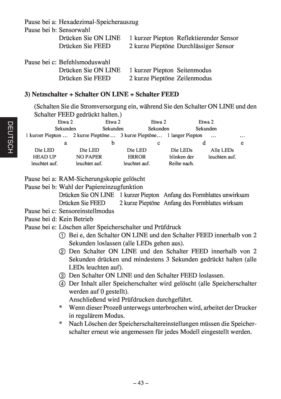 Star Micronics TSP400Z Series user manual Deutsch, Netzschalter + Schalter ON LINE + Schalter FEED 