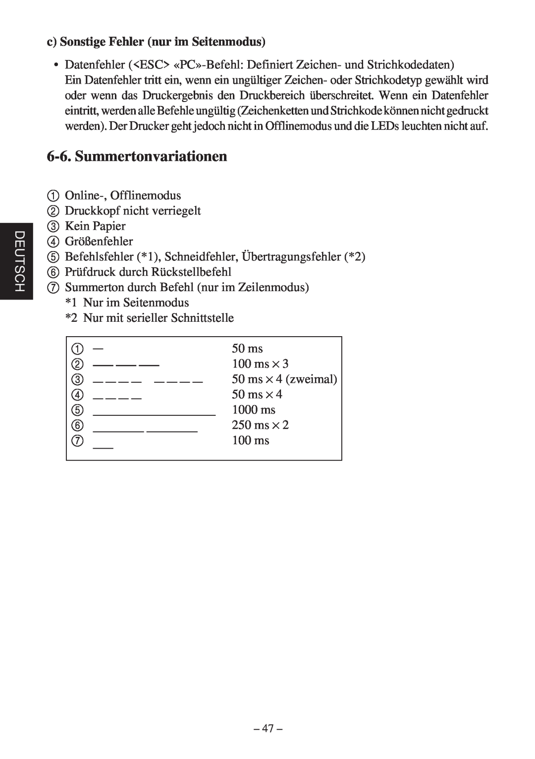 Star Micronics TSP400Z Series user manual Summertonvariationen, Deutsch, c Sonstige Fehler nur im Seitenmodus 