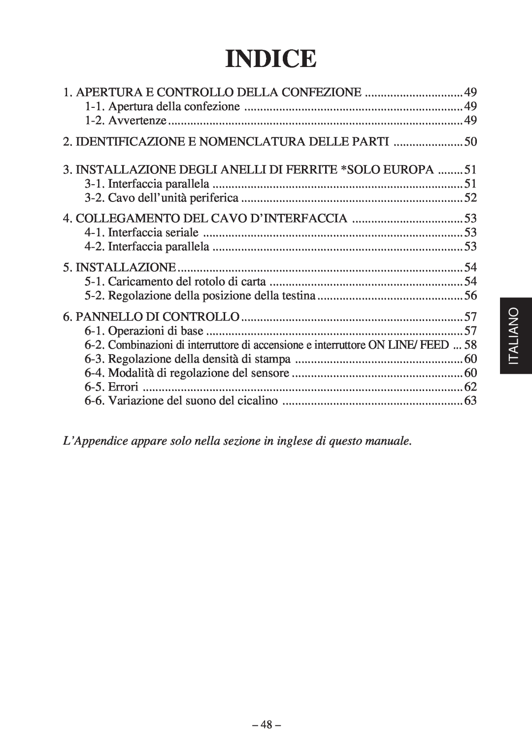 Star Micronics TSP400Z Series Indice, L’Appendice appare solo nella sezione in inglese di questo manuale, Italiano 