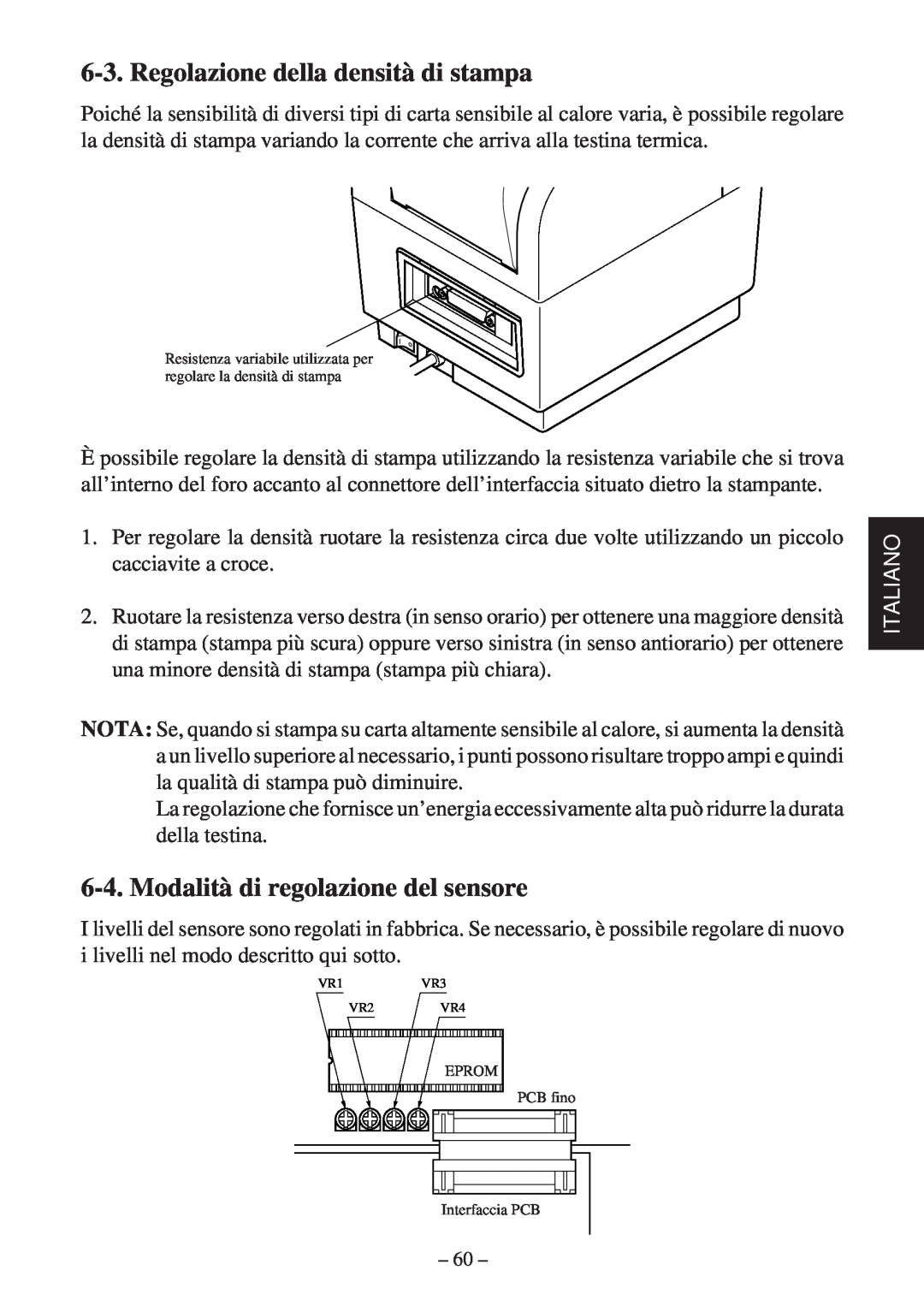 Star Micronics TSP400Z Series Regolazione della densità di stampa, Modalità di regolazione del sensore, Italiano 