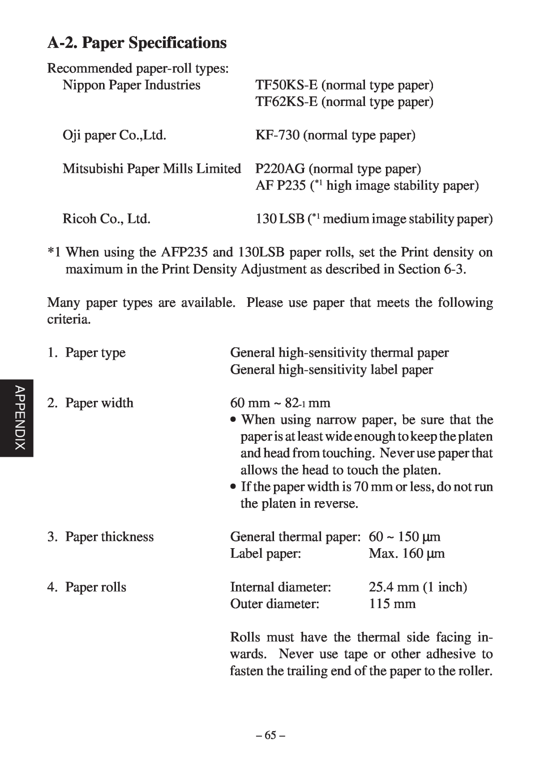 Star Micronics TSP400Z Series user manual A-2. Paper Specifications 