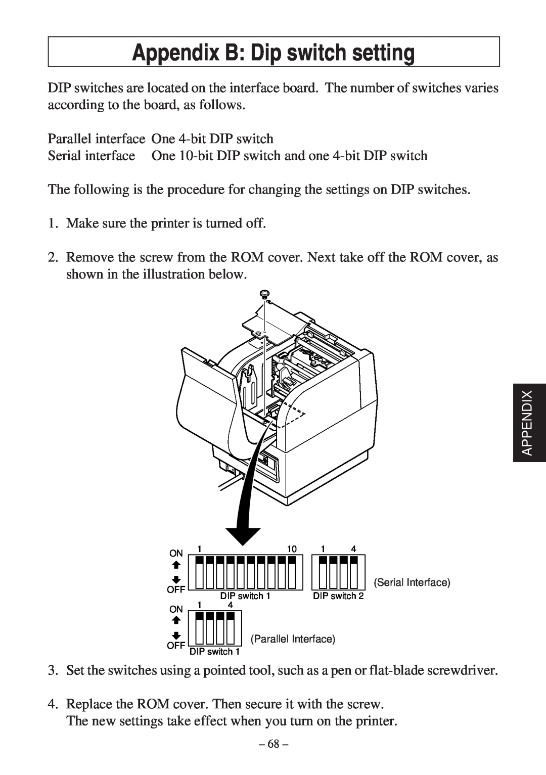 Star Micronics TSP400Z Series user manual Appendix B Dip switch setting 