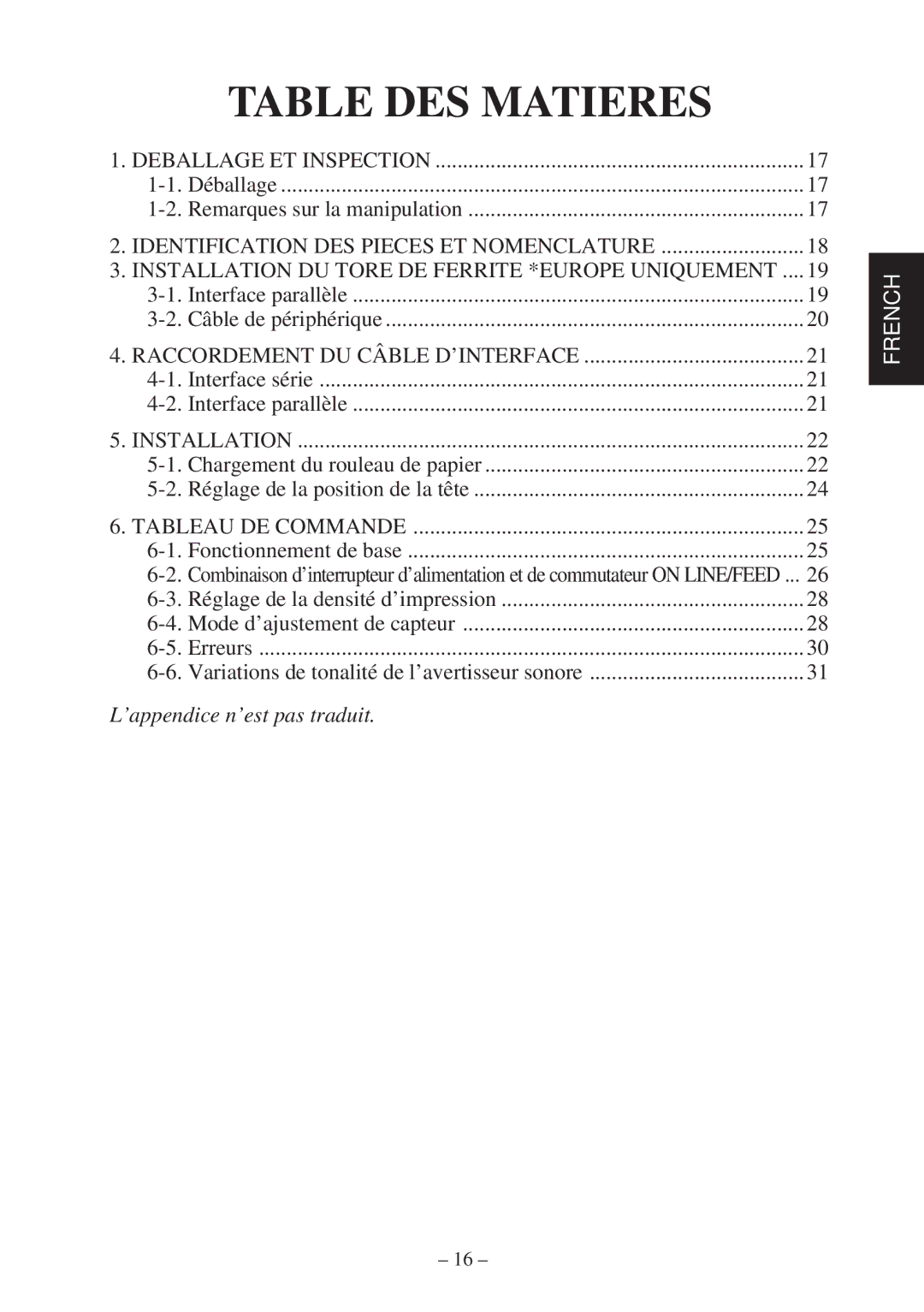 Star Micronics TSP400Z user manual Table DES Matieres 