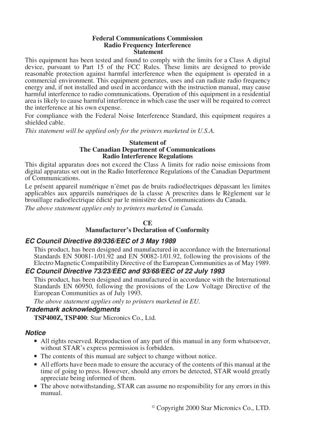 Star Micronics TSP400Z user manual EC Council Directive 89/336/EEC of 3 May 