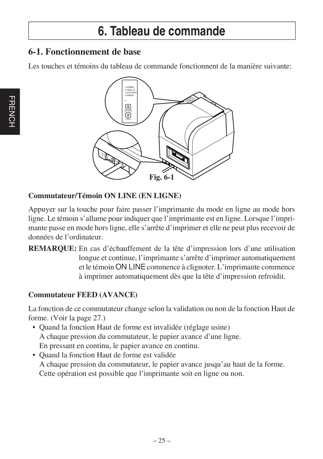 Star Micronics TSP400Z user manual Tableau de commande, Fonctionnement de base, Commutateur/Témoin on Line EN Ligne 