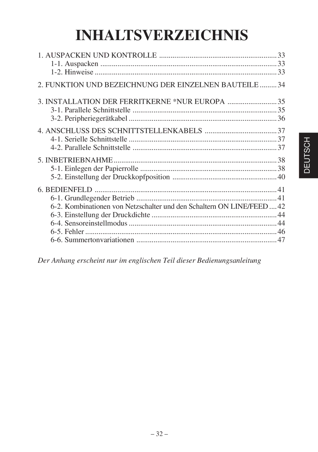 Star Micronics TSP400Z user manual Inhaltsverzeichnis 