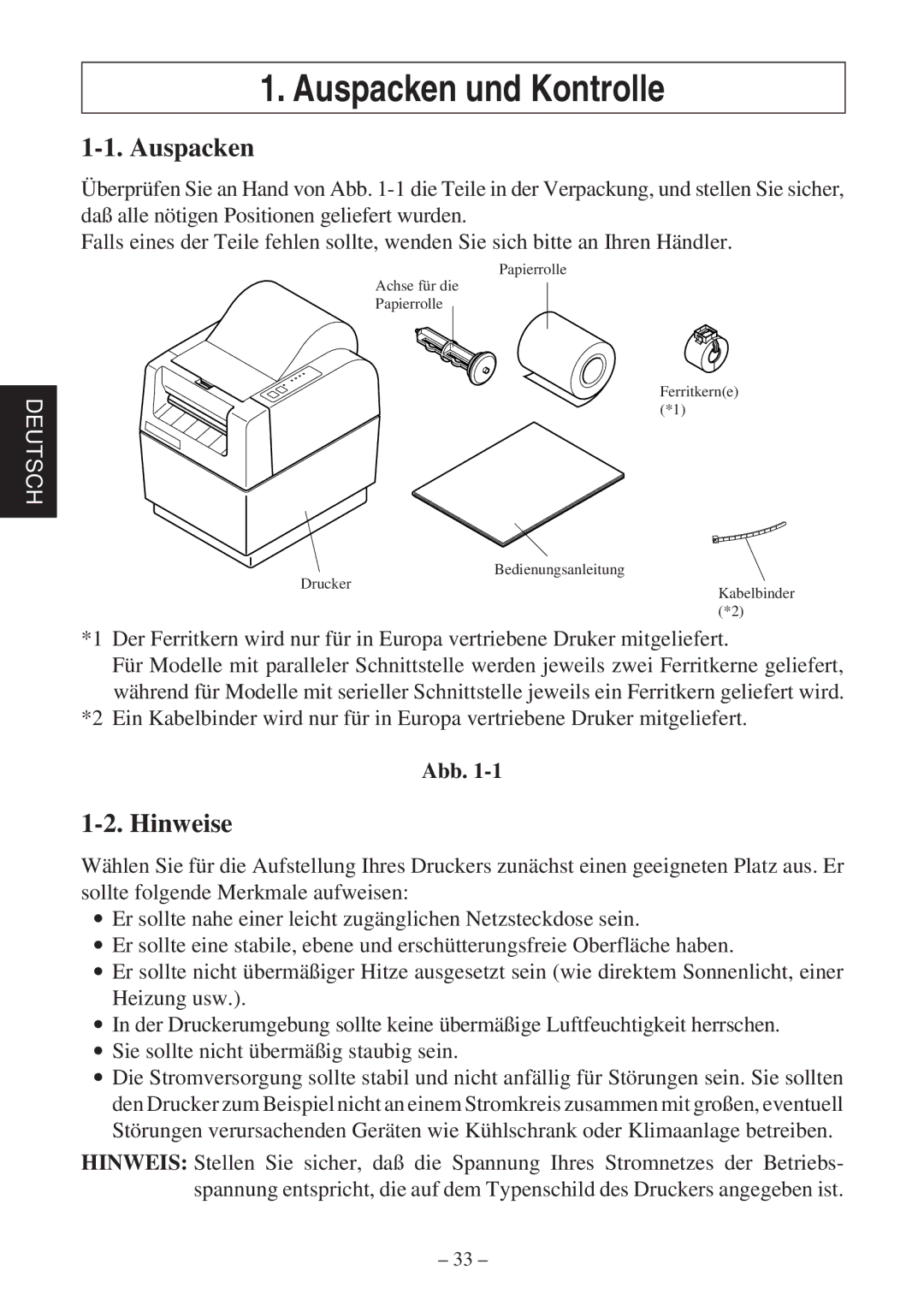 Star Micronics TSP400Z user manual Auspacken und Kontrolle, Hinweise, Abb 