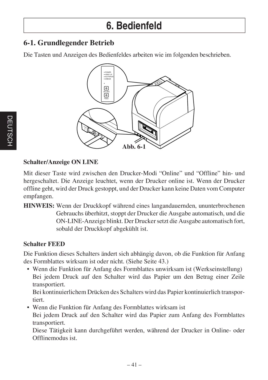 Star Micronics TSP400Z user manual Bedienfeld, Grundlegender Betrieb, Abb Schalter/Anzeige on Line, Schalter Feed 