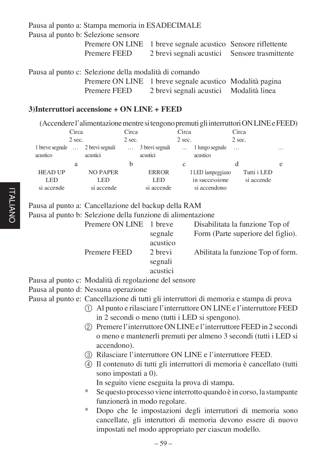 Star Micronics TSP400Z user manual 3Interruttori accensione + on Line + Feed 