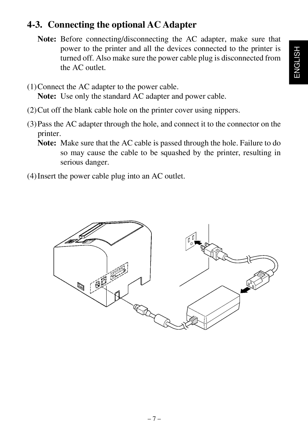 Star Micronics TSP552 user manual Connecting the optional AC Adapter 