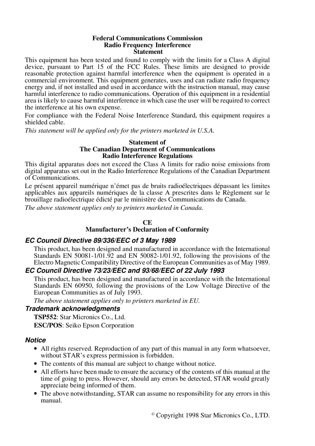 Star Micronics TSP552 user manual EC Council Directive 89/336/EEC of 3 May 