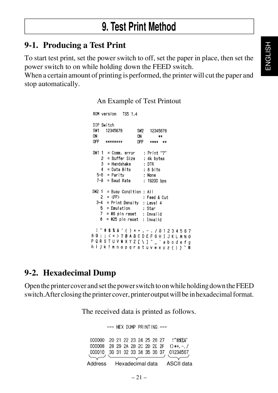 Star Micronics TSP552 user manual Test Print Method, Producing a Test Print, Hexadecimal Dump 