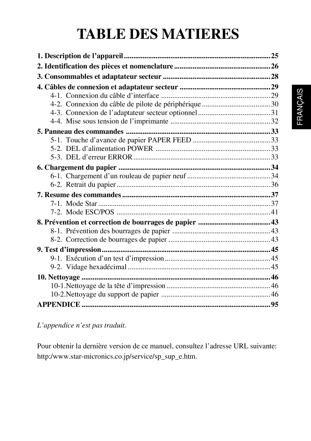 Star Micronics TSP552 user manual Table DES Matieres 