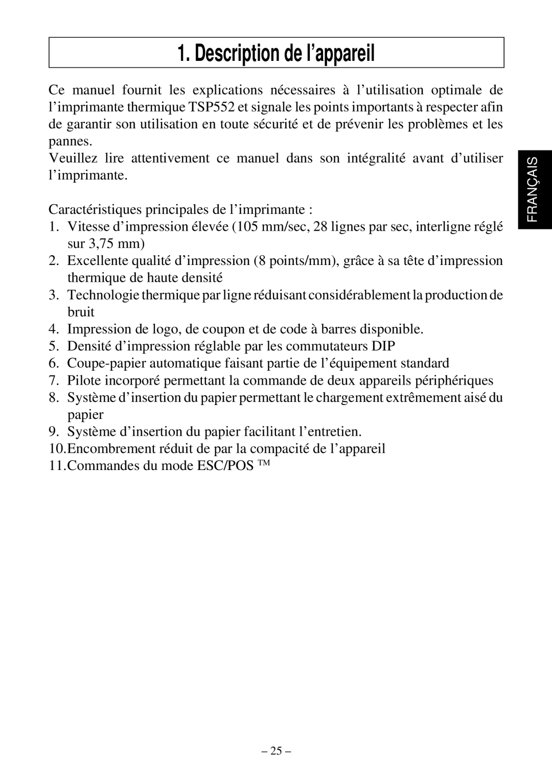 Star Micronics TSP552 user manual Description de l’appareil 