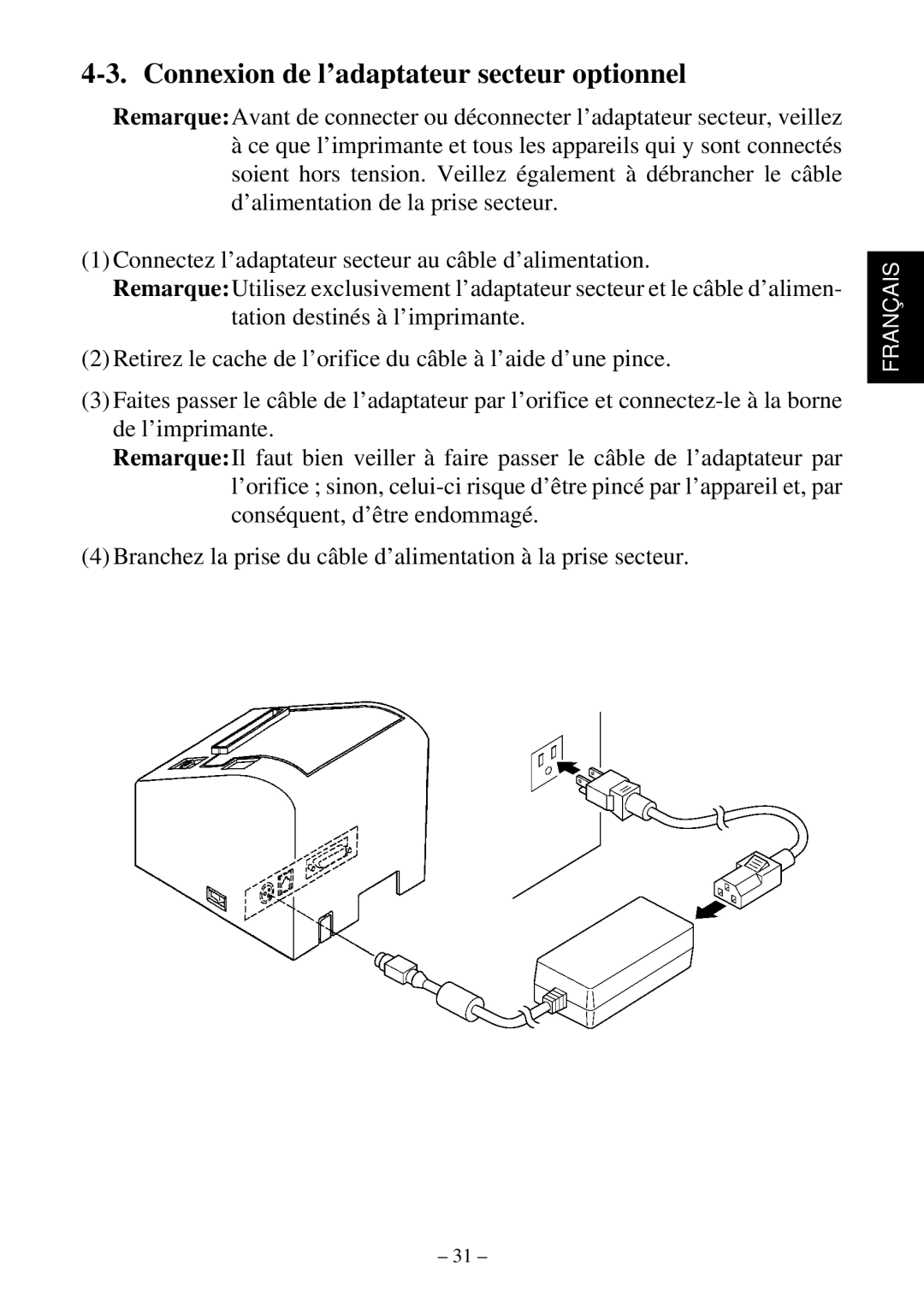 Star Micronics TSP552 user manual Connexion de l’adaptateur secteur optionnel 