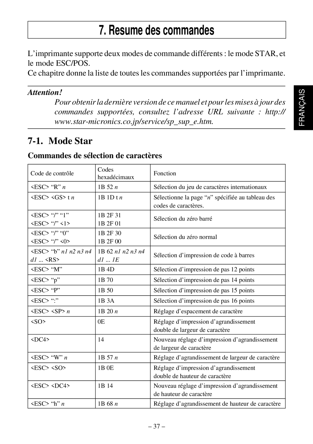 Star Micronics TSP552 user manual Resume des commandes, Mode Star, Commandes de sélection de caractères 