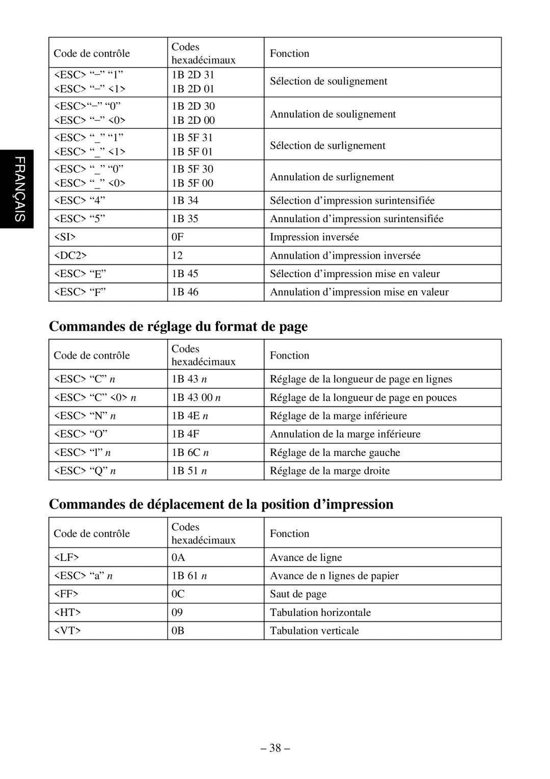 Star Micronics TSP552 user manual Commandes de réglage du format de, Commandes de déplacement de la position d’impression 