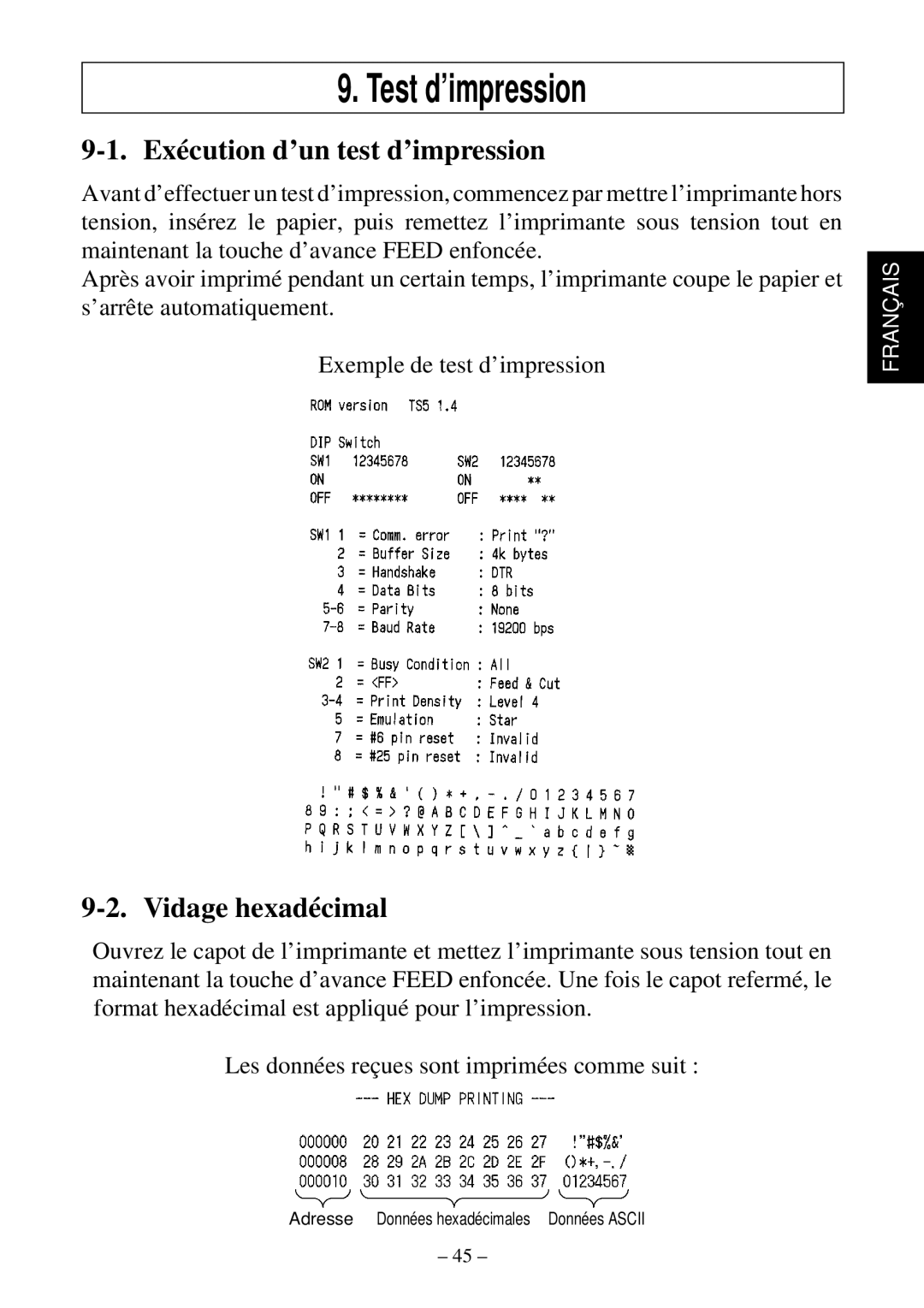 Star Micronics TSP552 user manual Test d’impression, Exécution d’un test d’impression, Vidage hexadécimal 