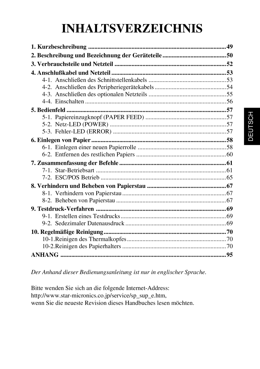 Star Micronics TSP552 user manual Inhaltsverzeichnis 