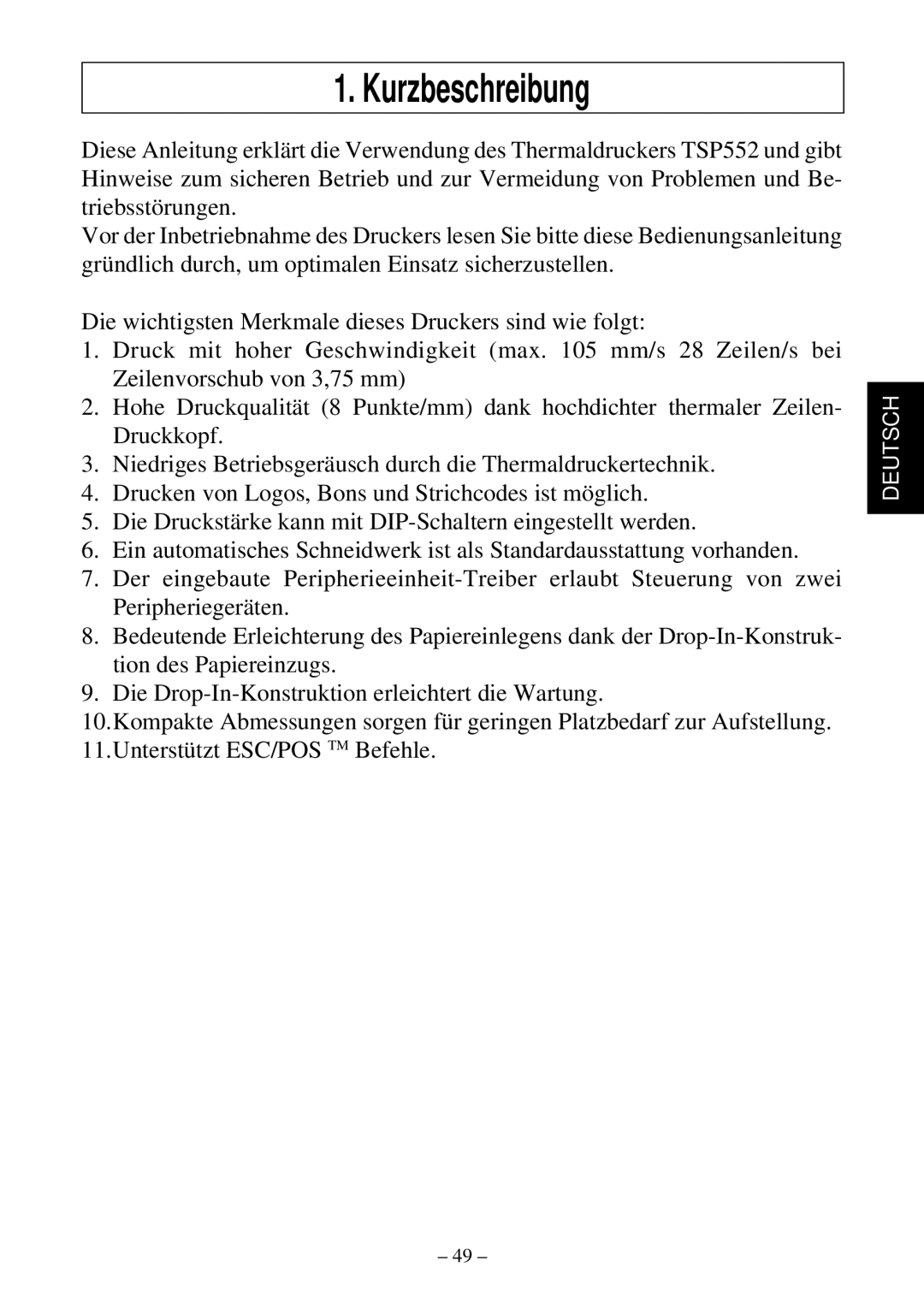 Star Micronics TSP552 user manual Kurzbeschreibung 