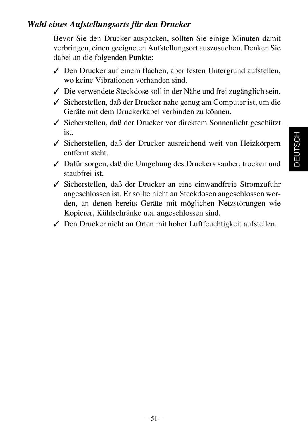 Star Micronics TSP552 user manual Wahl eines Aufstellungsorts für den Drucker 