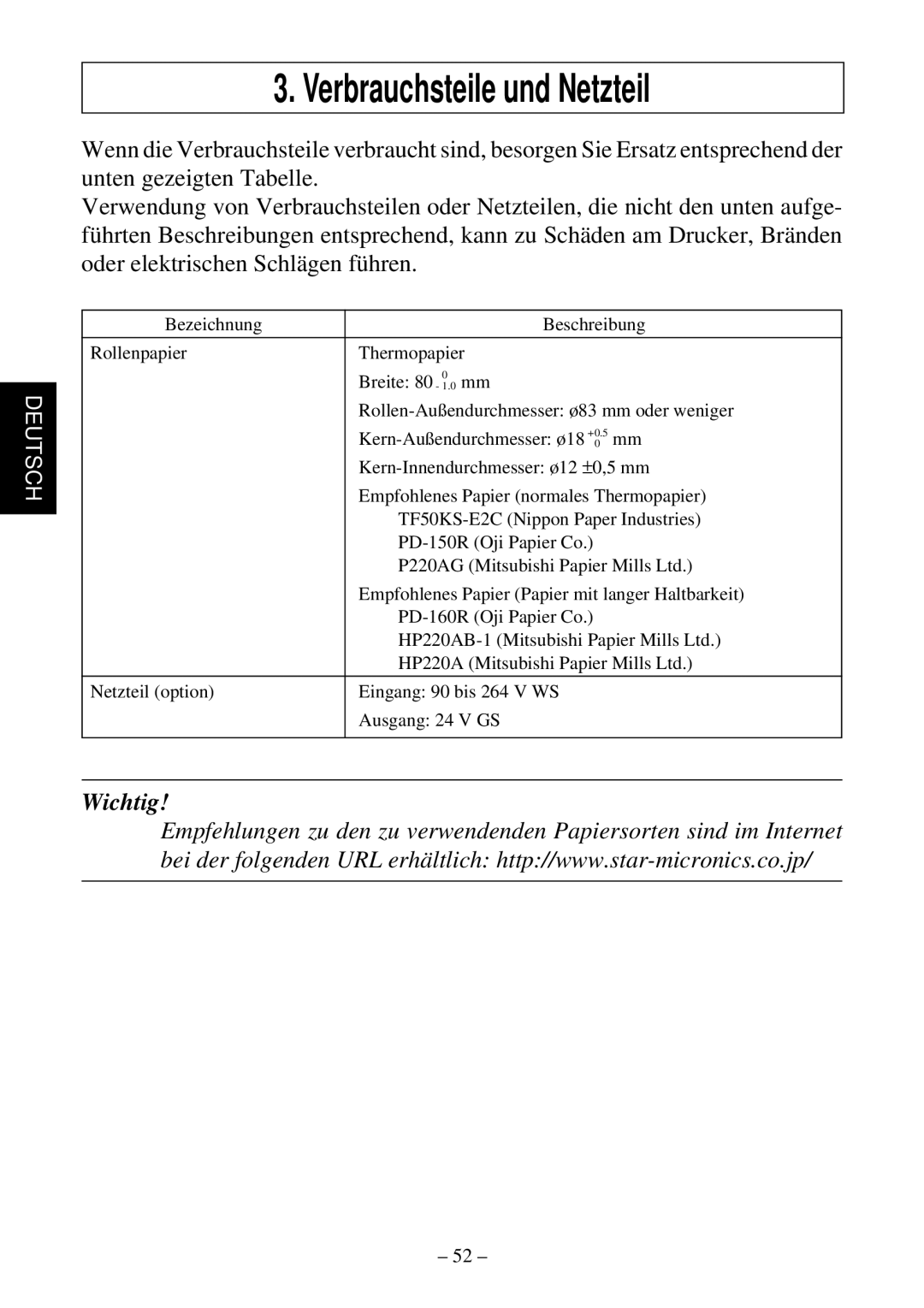 Star Micronics TSP552 user manual Verbrauchsteile und Netzteil 