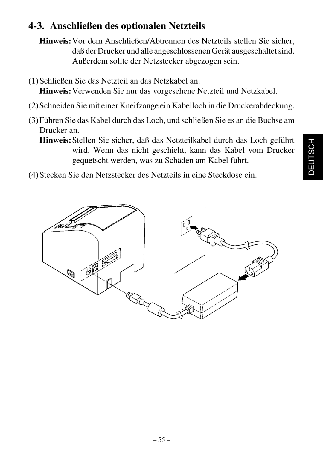 Star Micronics TSP552 user manual Anschließen des optionalen Netzteils 