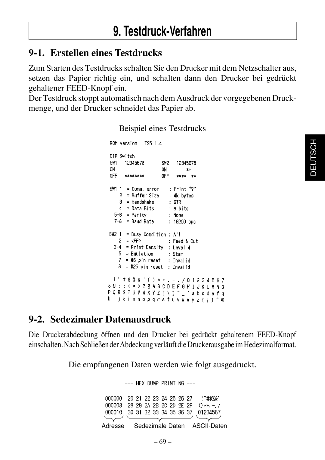 Star Micronics TSP552 user manual Testdruck-Verfahren, Erstellen eines Testdrucks, Sedezimaler Datenausdruck 