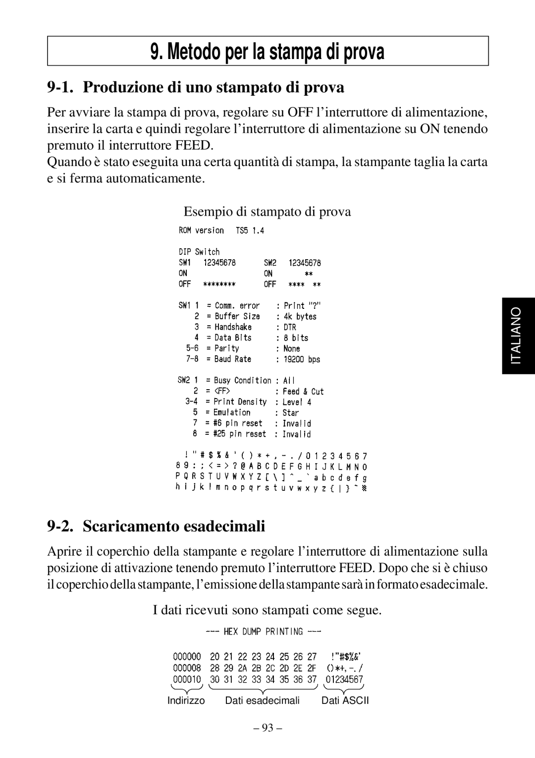 Star Micronics TSP552 Metodo per la stampa di prova, Produzione di uno stampato di prova, Scaricamento esadecimali 