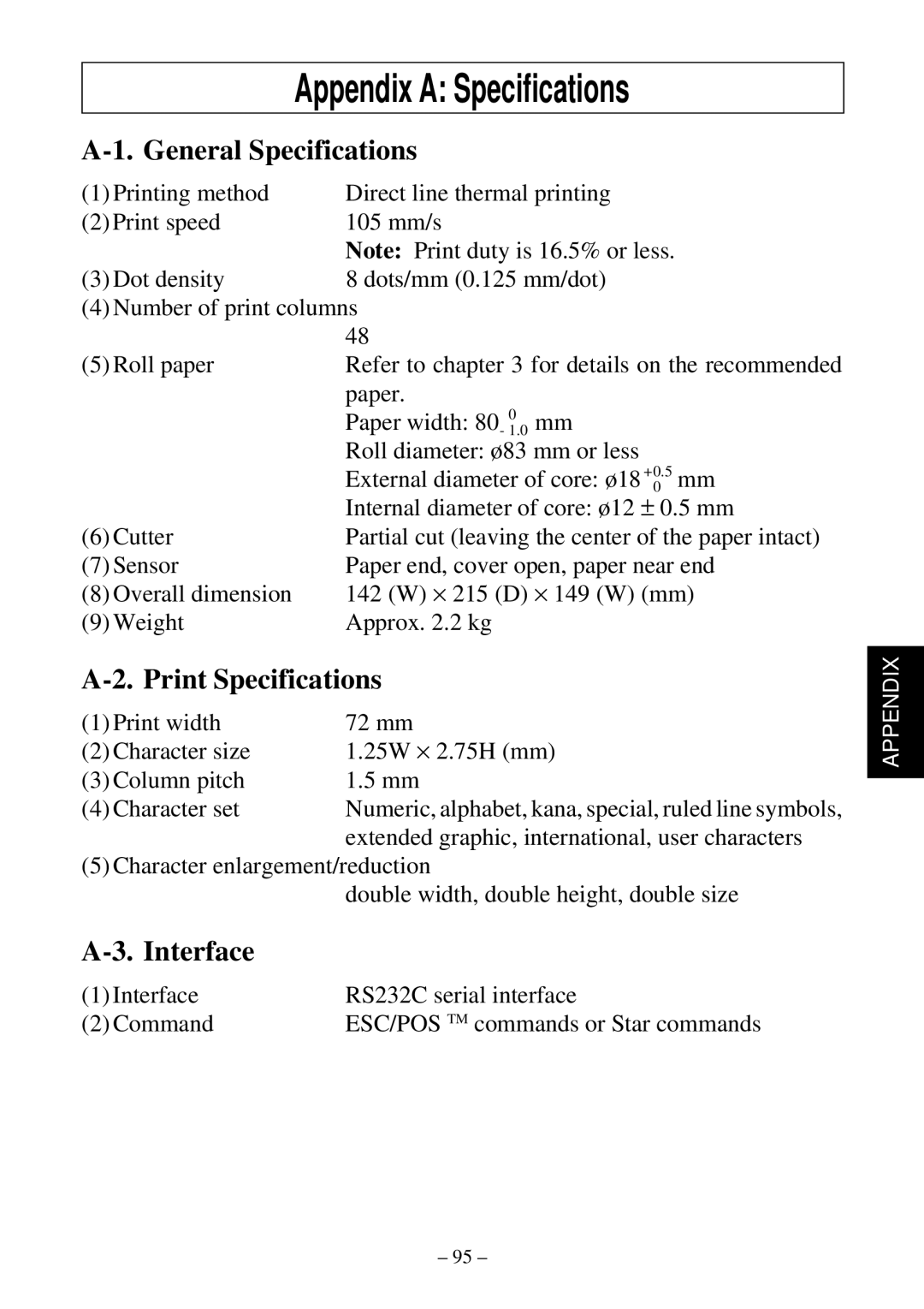 Star Micronics TSP552 user manual Appendix a Specifications, General Specifications, Print Specifications, Interface 