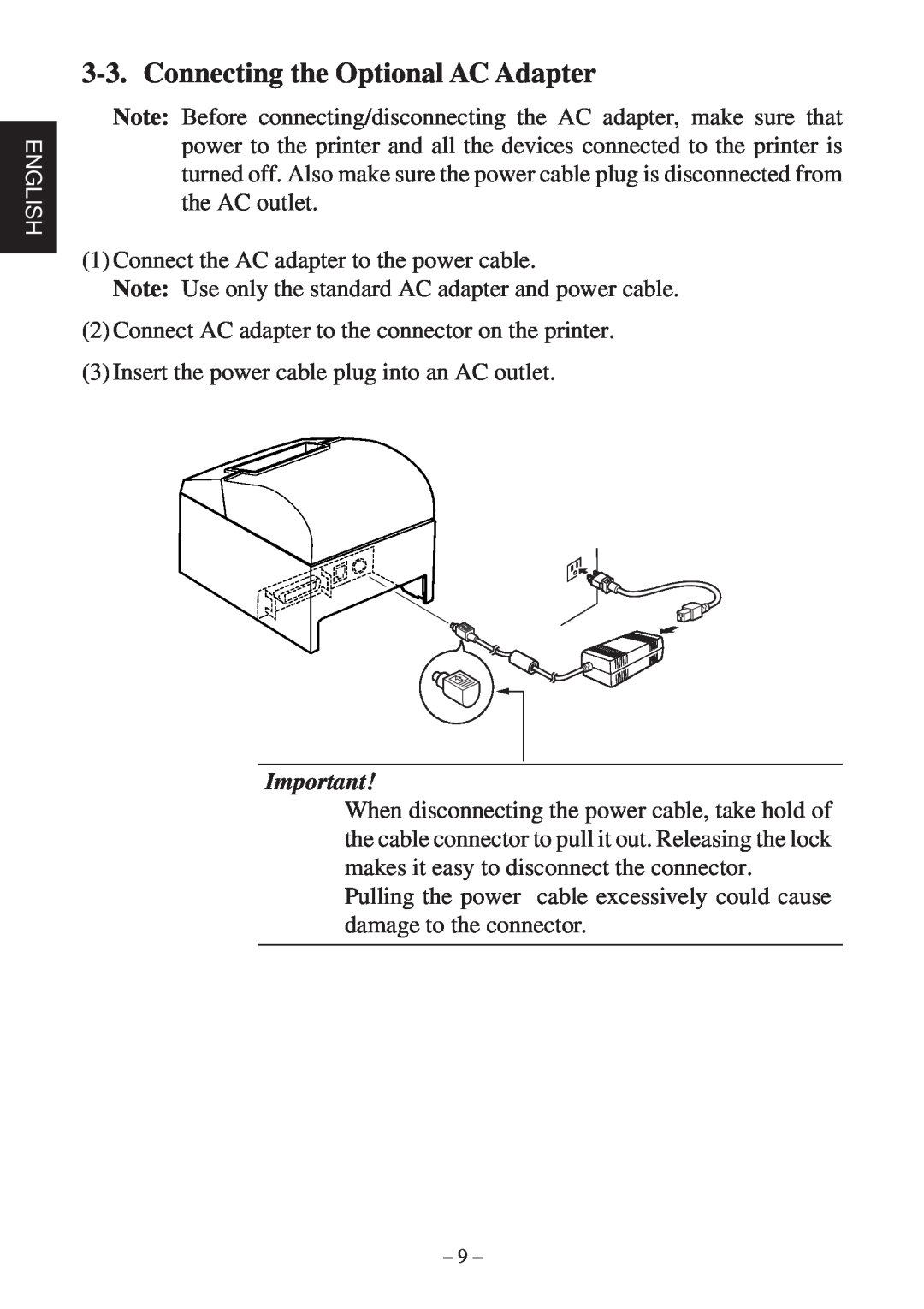 Star Micronics TSP600 user manual Connecting the Optional AC Adapter 