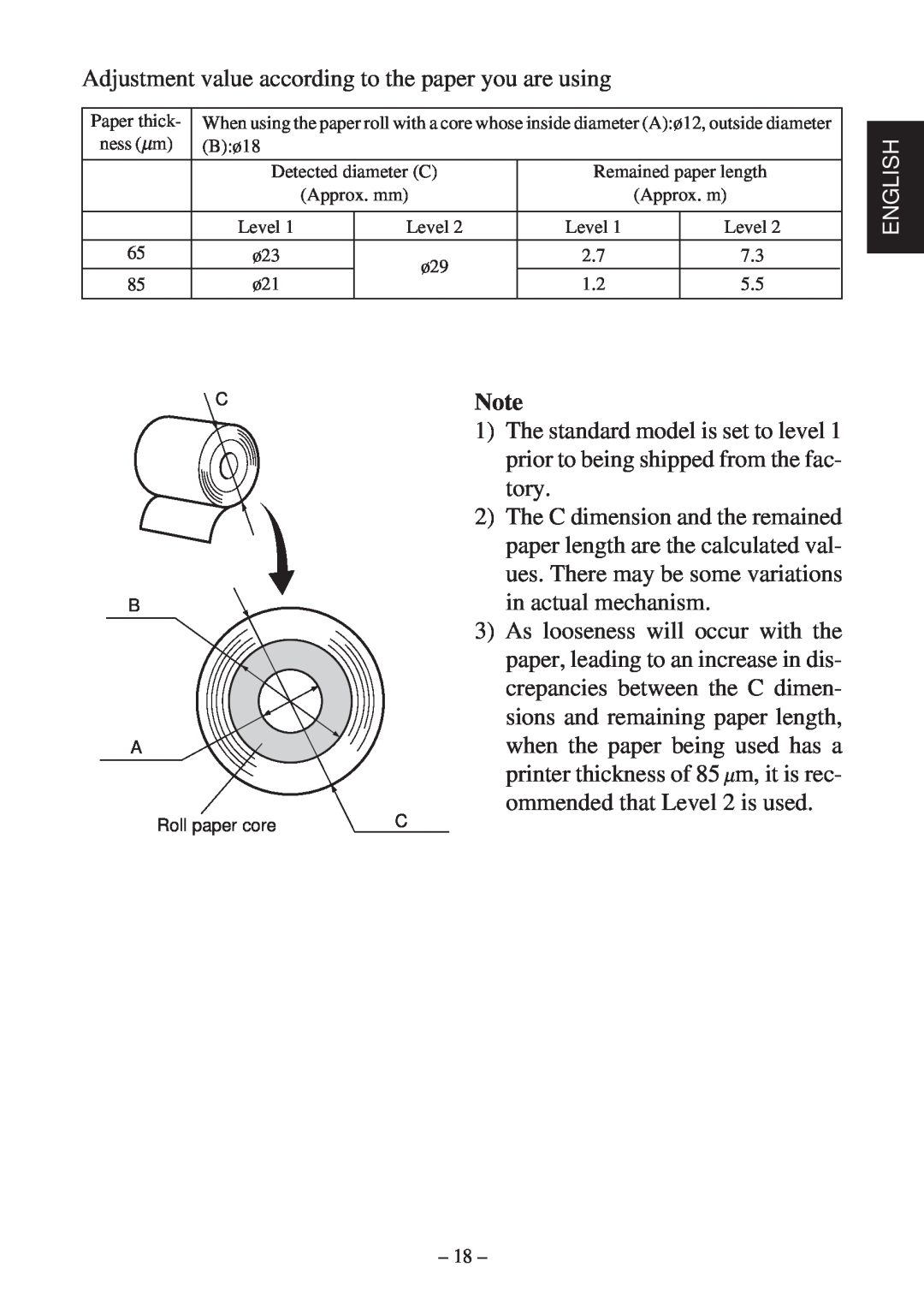 Star Micronics TSP600 user manual Adjustment value according to the paper you are using, C B A, Roll paper core 
