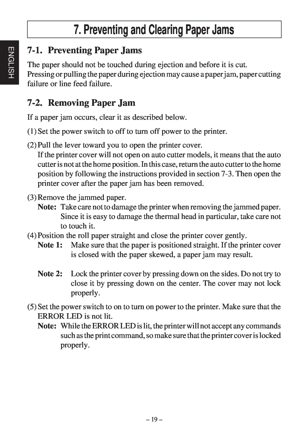 Star Micronics TSP600 user manual Preventing and Clearing Paper Jams, Preventing Paper Jams, Removing Paper Jam 