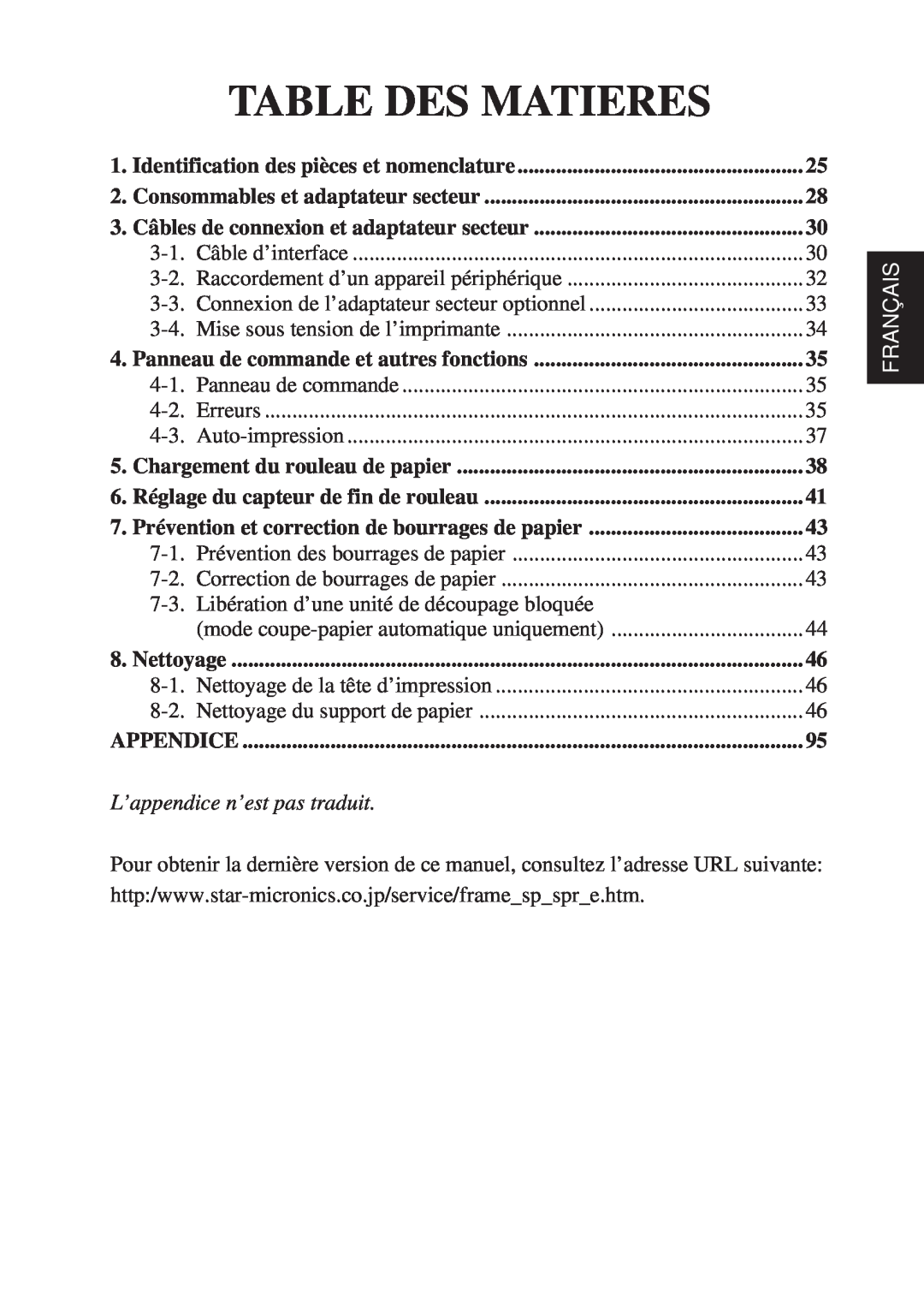 Star Micronics TSP600 user manual Table Des Matieres, Français 