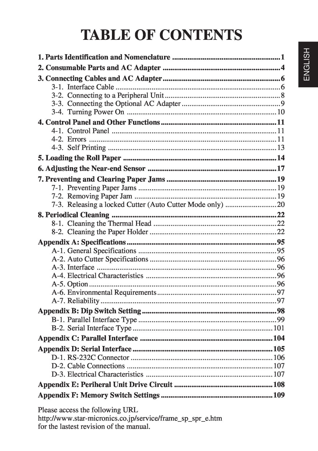 Star Micronics TSP600 user manual Table Of Contents, English 