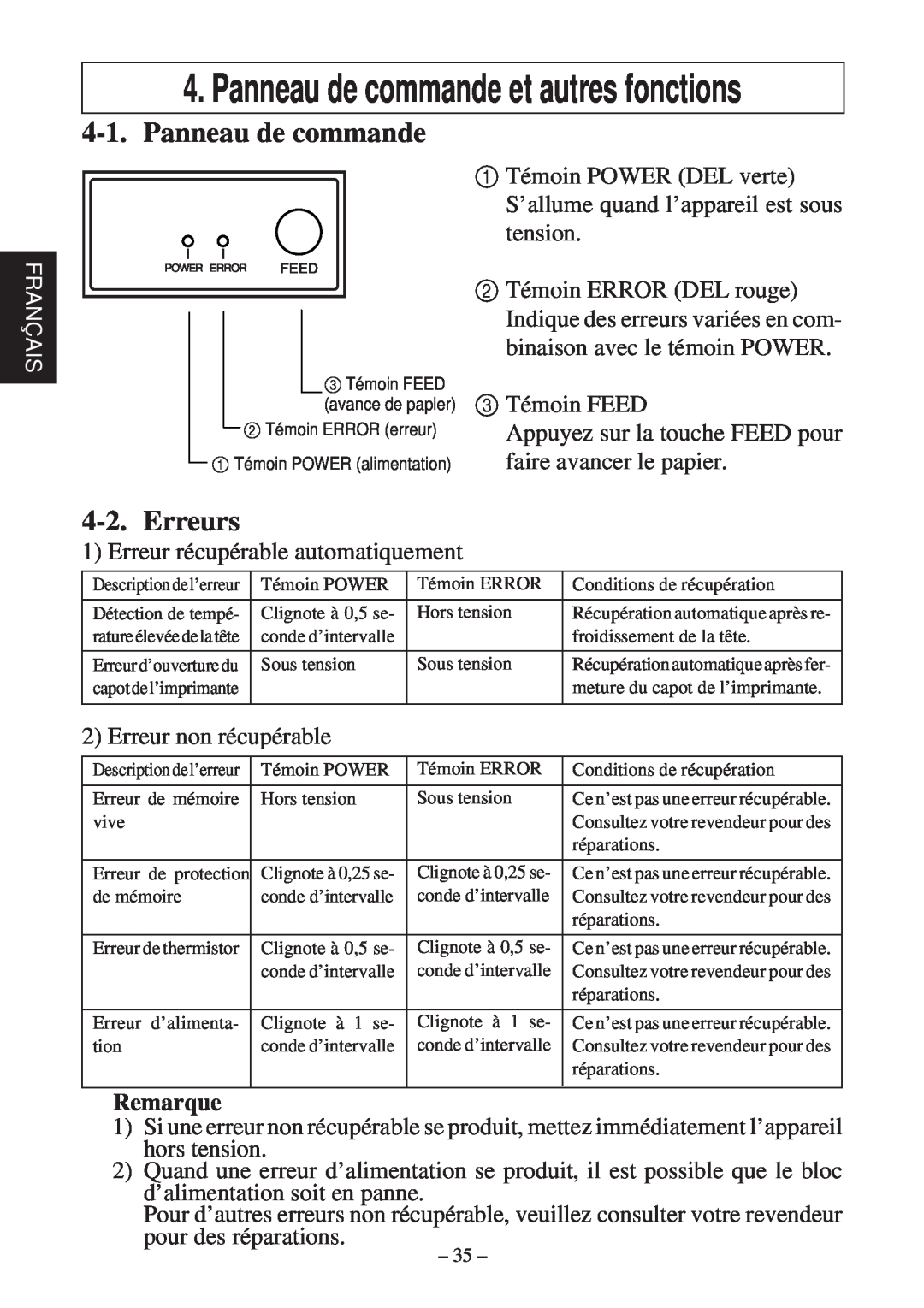 Star Micronics TSP600 user manual Erreurs, Remarque, Panneau de commande et autres fonctions, Français 