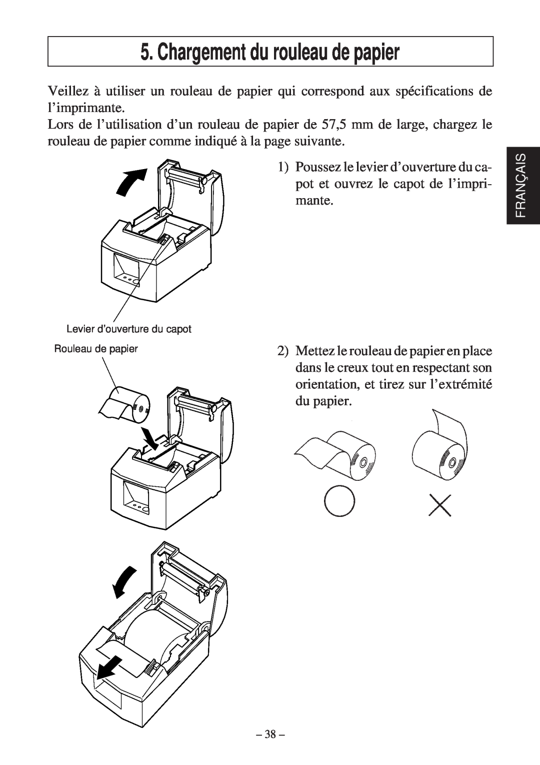 Star Micronics TSP600 user manual Chargement du rouleau de papier, Levier d’ouverture du capot Rouleau de papier 