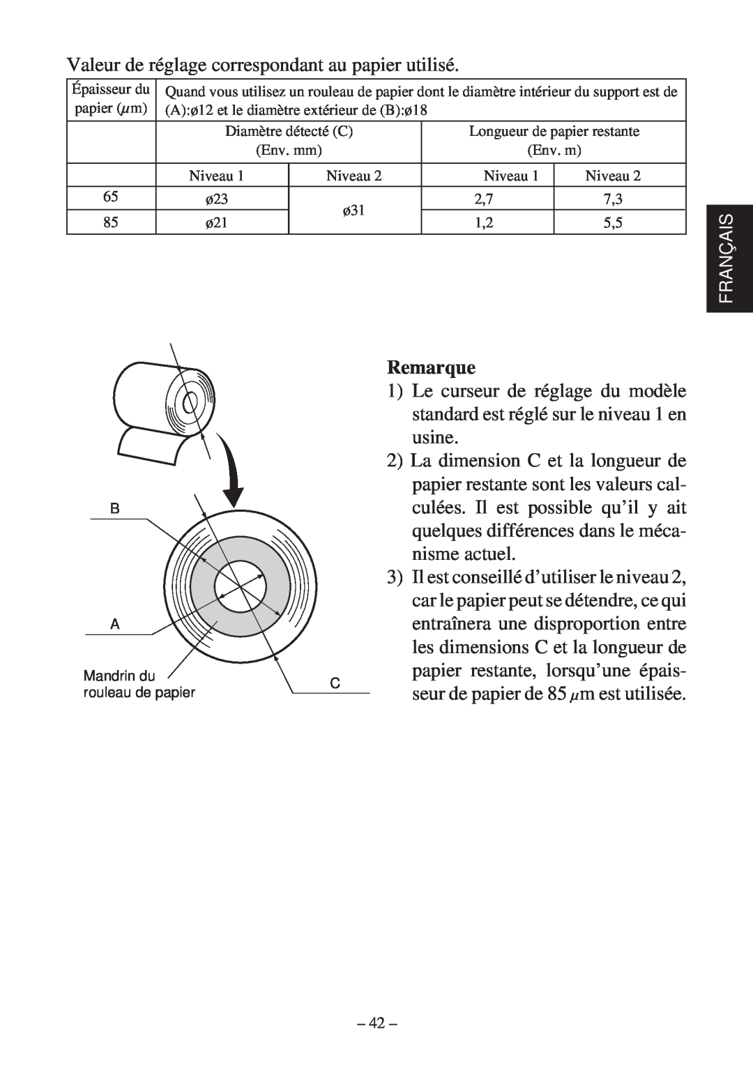 Star Micronics TSP600 user manual Valeur de réglage correspondant au papier utilisé, Remarque 