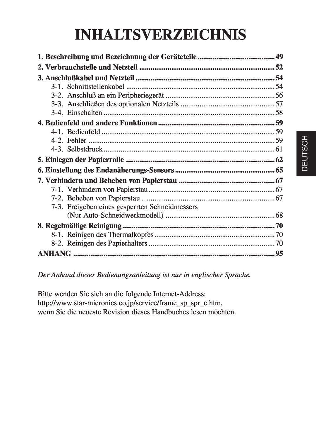 Star Micronics TSP600 user manual Inhaltsverzeichnis, Deutsch 