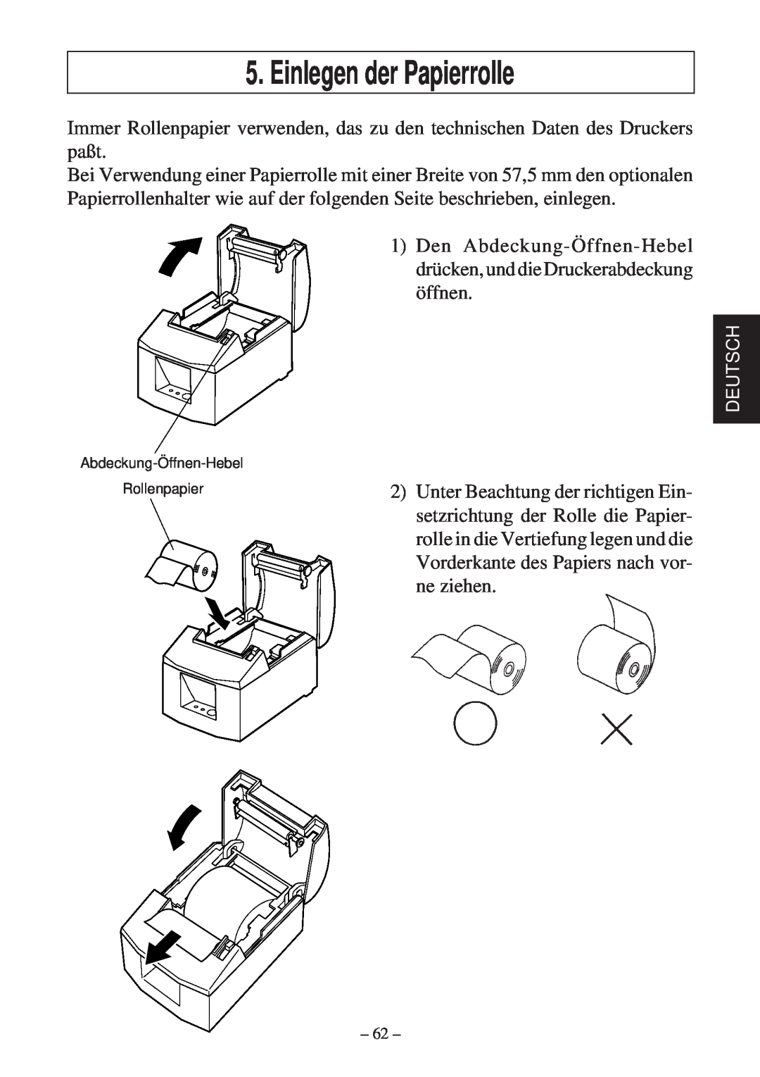 Star Micronics TSP600 user manual Einlegen der Papierrolle 
