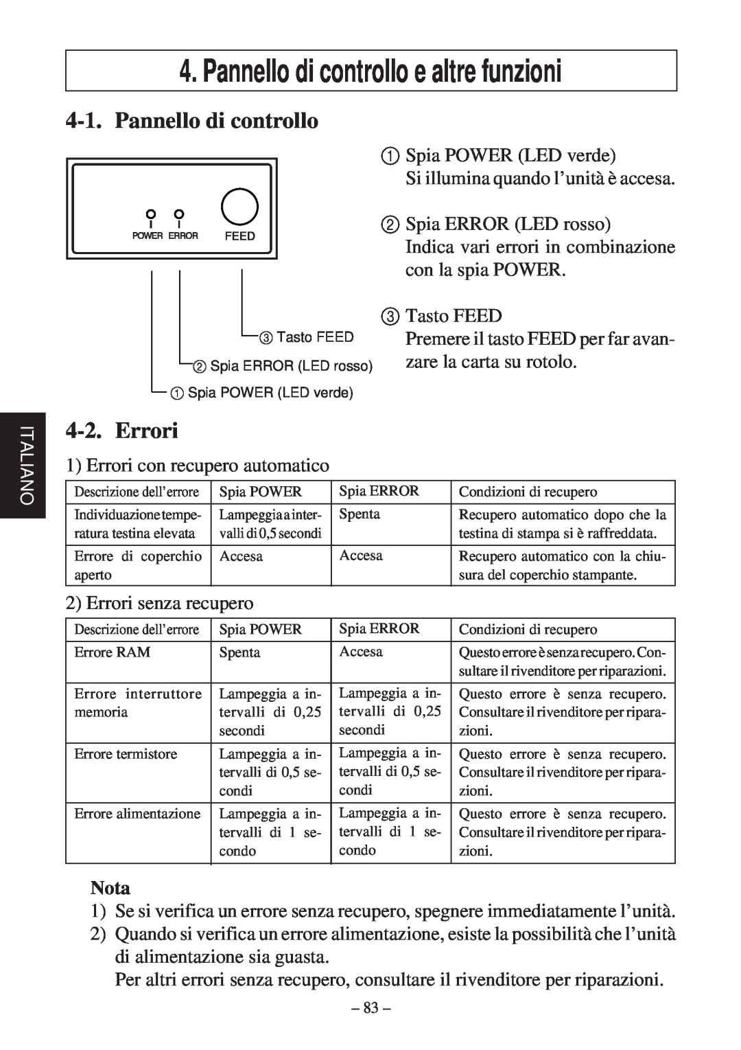 Star Micronics TSP600 user manual Pannello di controllo e altre funzioni, Errori, Nota 