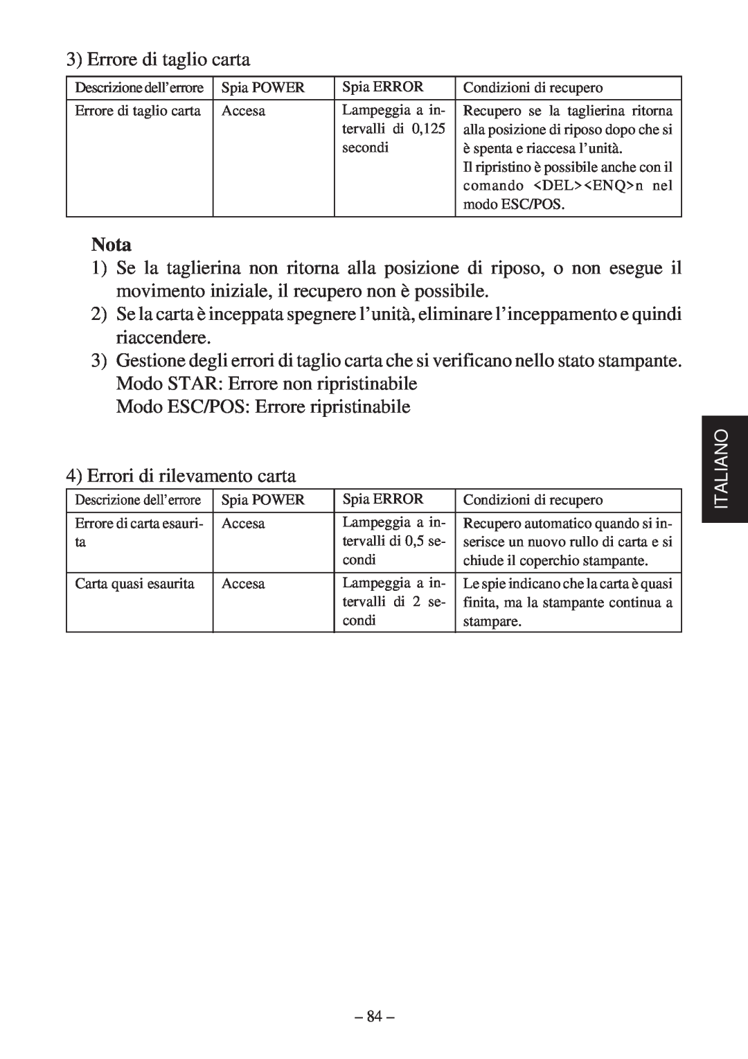Star Micronics TSP600 user manual Errore di taglio carta, Nota 