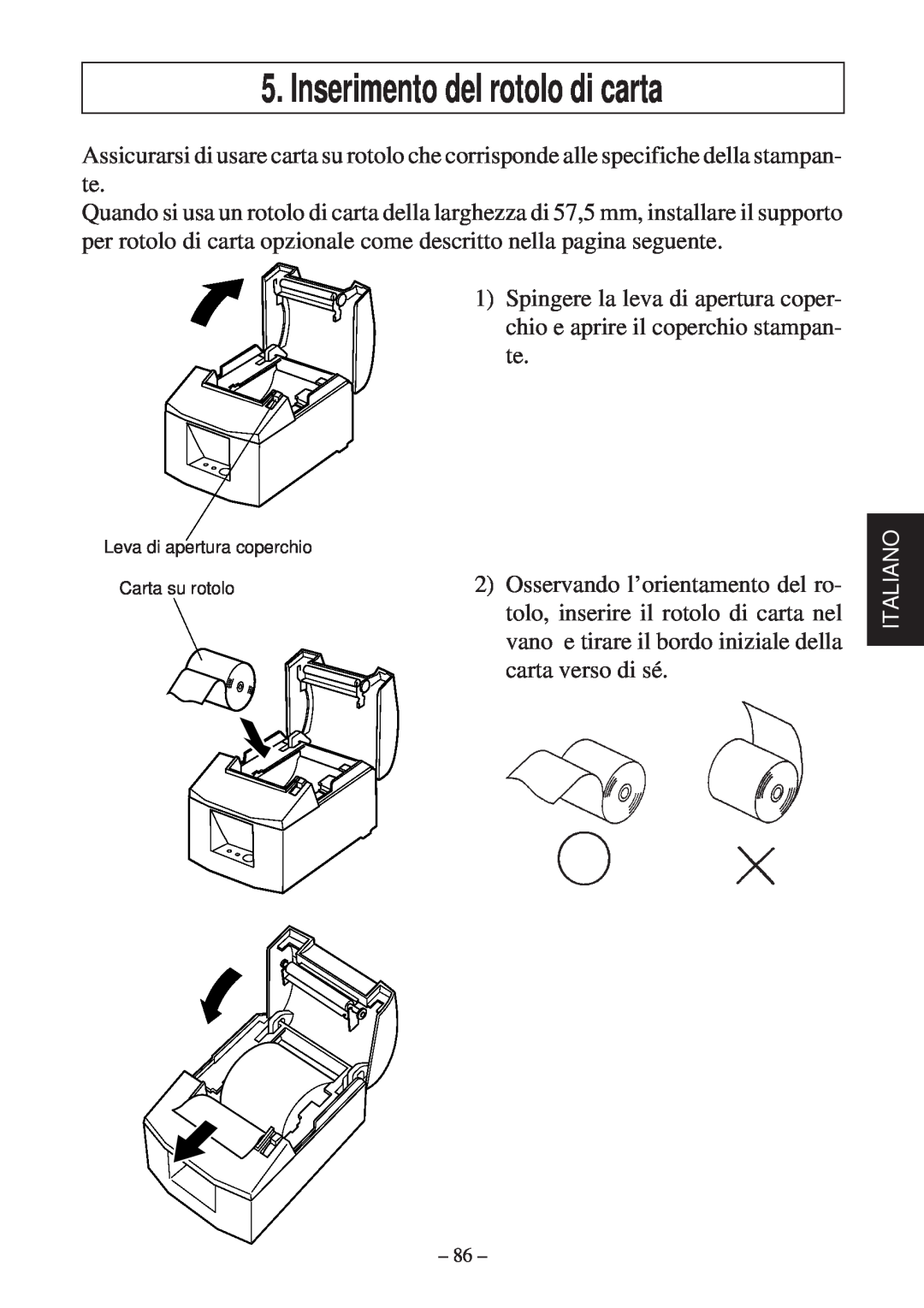 Star Micronics TSP600 user manual Inserimento del rotolo di carta, Leva di apertura coperchio Carta su rotolo 