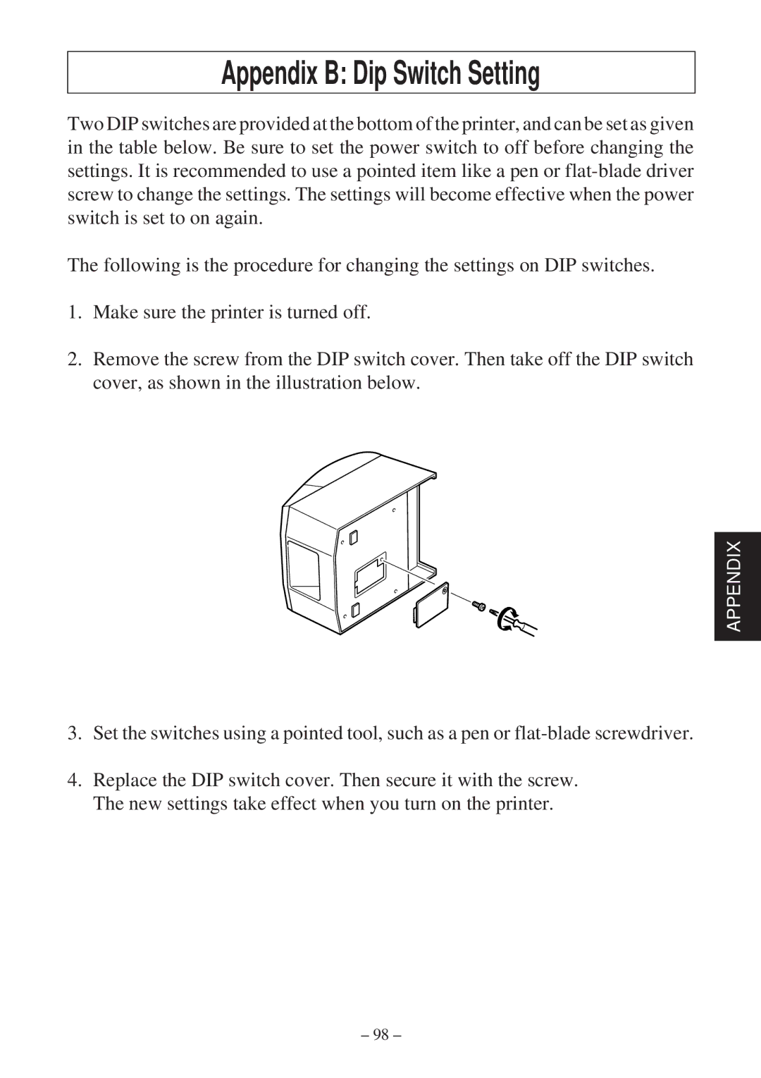 Star Micronics TSP600 user manual Appendix B Dip Switch Setting 