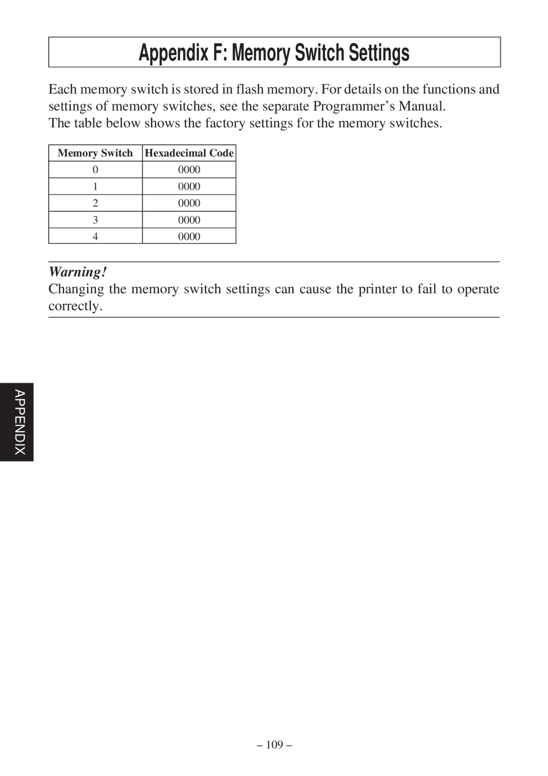 Star Micronics TSP600 user manual Appendix F Memory Switch Settings 