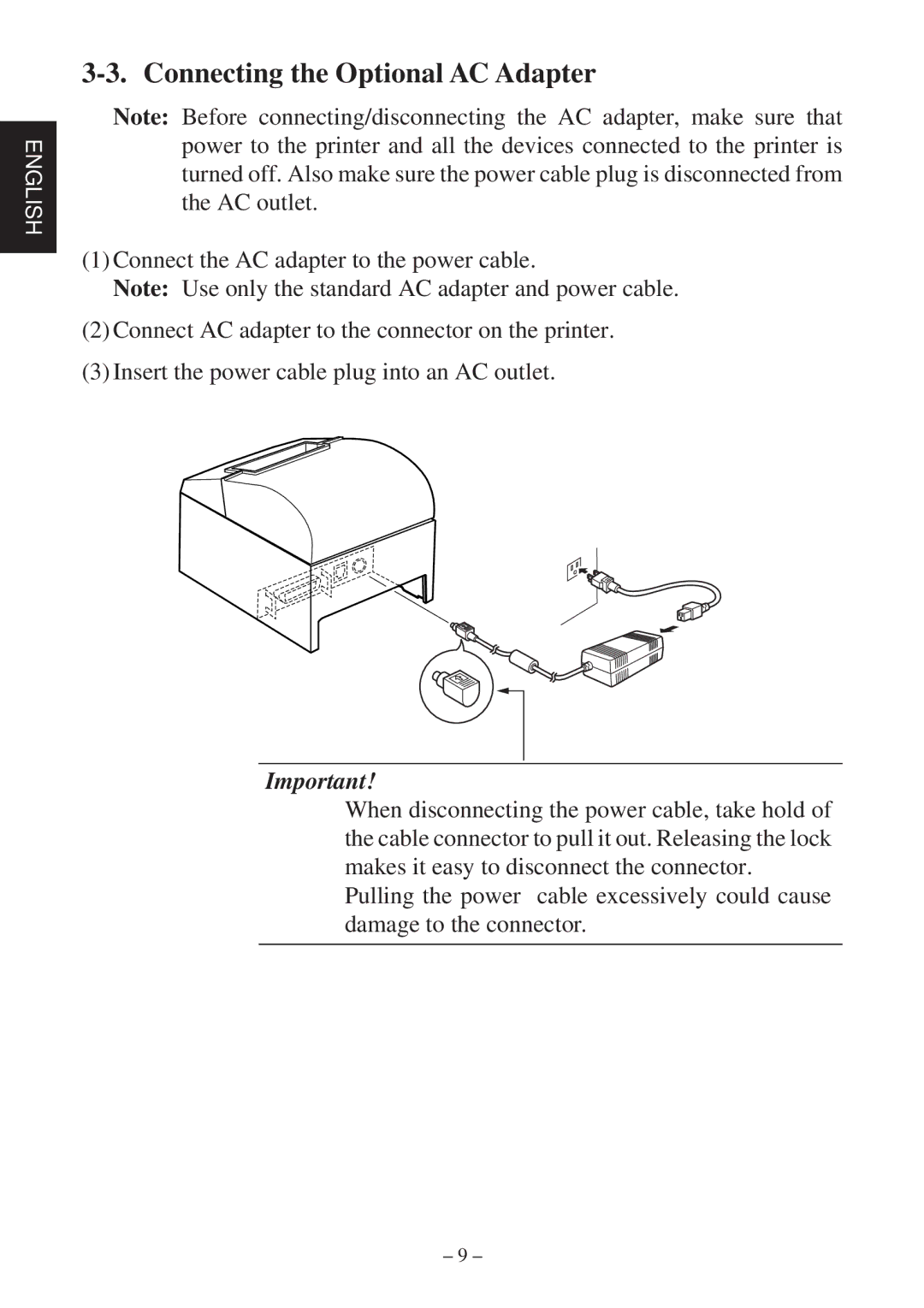 Star Micronics TSP600 user manual Connecting the Optional AC Adapter 