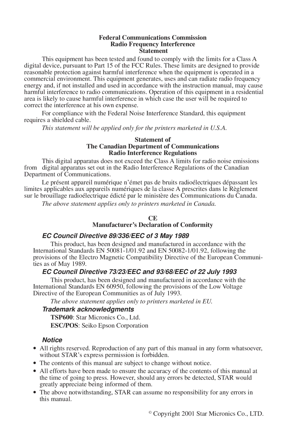 Star Micronics TSP600 user manual EC Council Directive 89/336/EEC of 3 May 