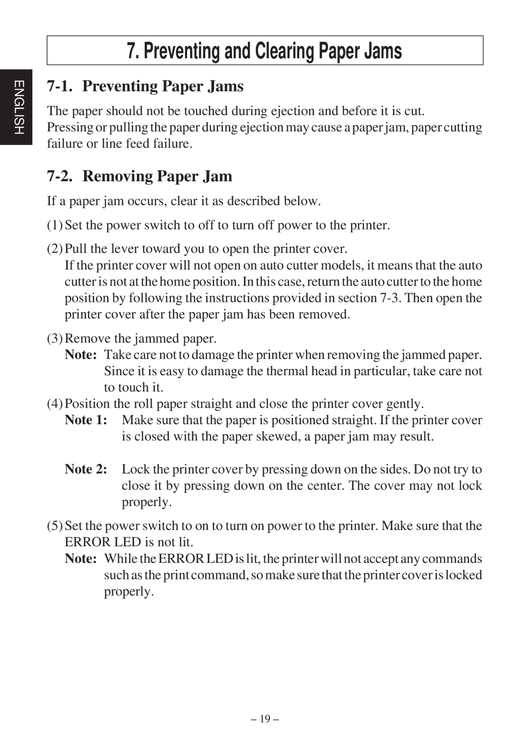 Star Micronics TSP600 user manual Preventing and Clearing Paper Jams, Preventing Paper Jams, Removing Paper Jam 